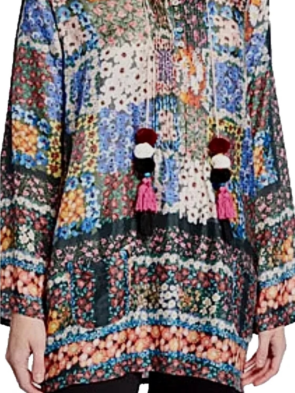 NWOT Johnny Was silk blouse with Pom Pom detail